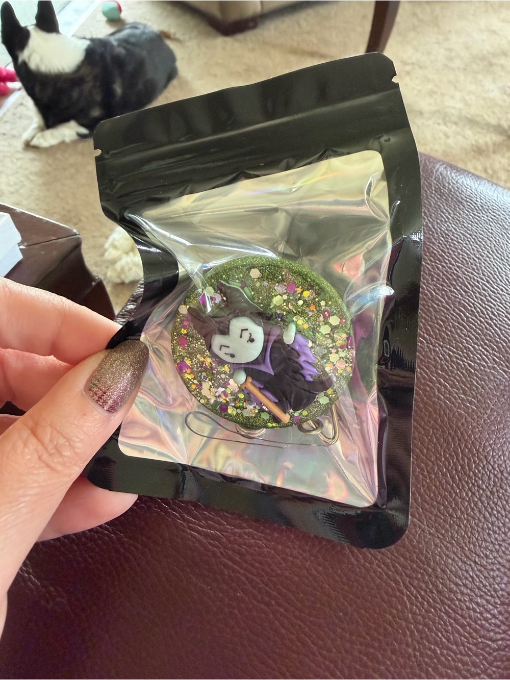 Handmade Green Glitter Maleficent Badge Reel